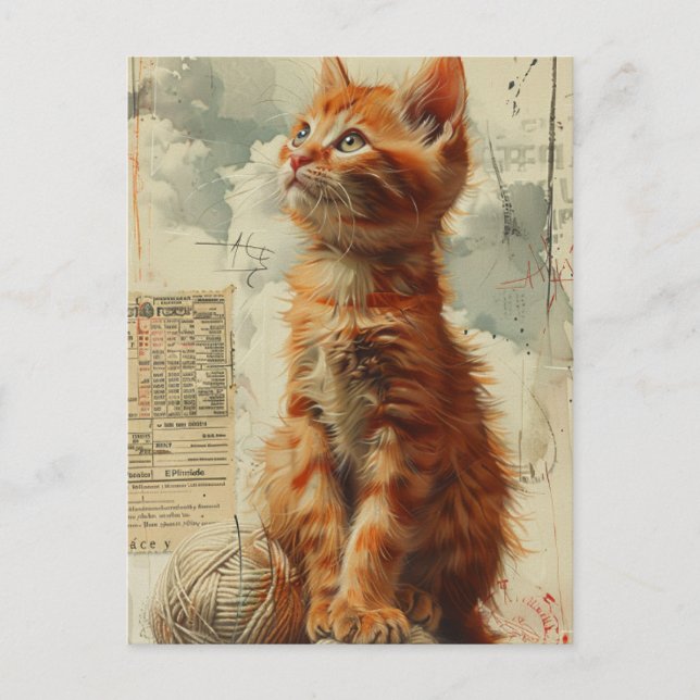 Pretty Ginger Kitten Vintage Collage Postcard (Front)