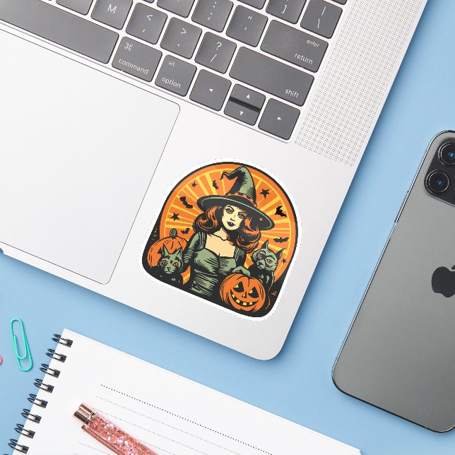 Pretty Ginger Witch Halloween Sticker (Laptop w/ iPhone)