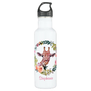 Pretty Giraffe Floral Watercolor Personalized Stainless Steel Water Bottle