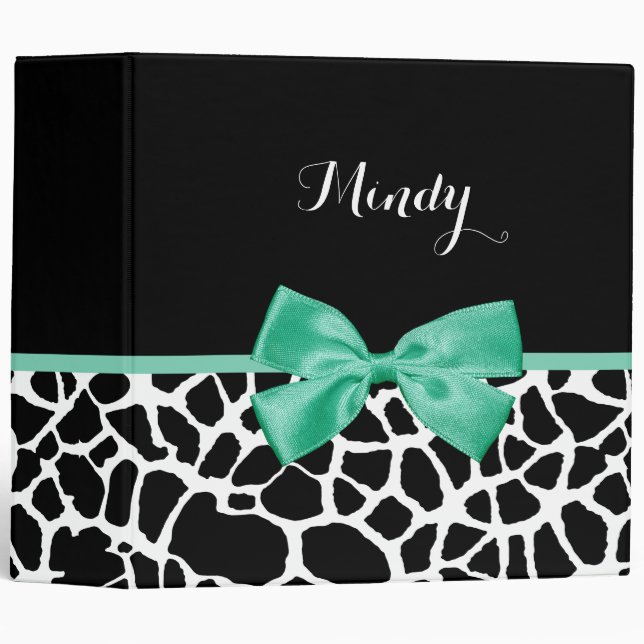 Pretty Giraffe Print Mint Green Bow With Name Binder (Front/Spine)