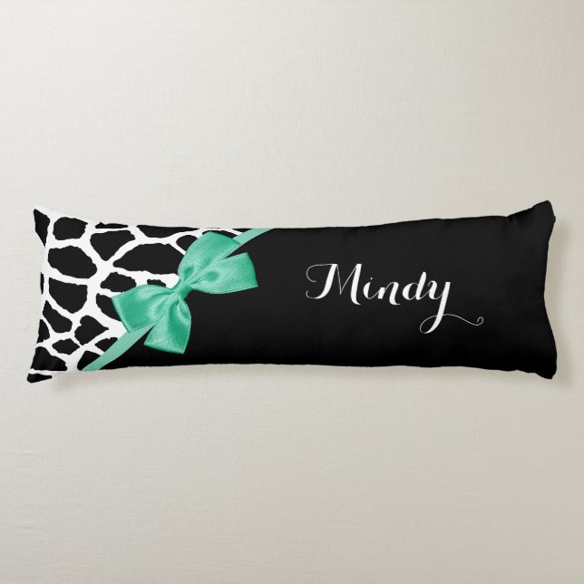 Pretty Giraffe Print Mint Green Bow With Name Body Pillow (Front)