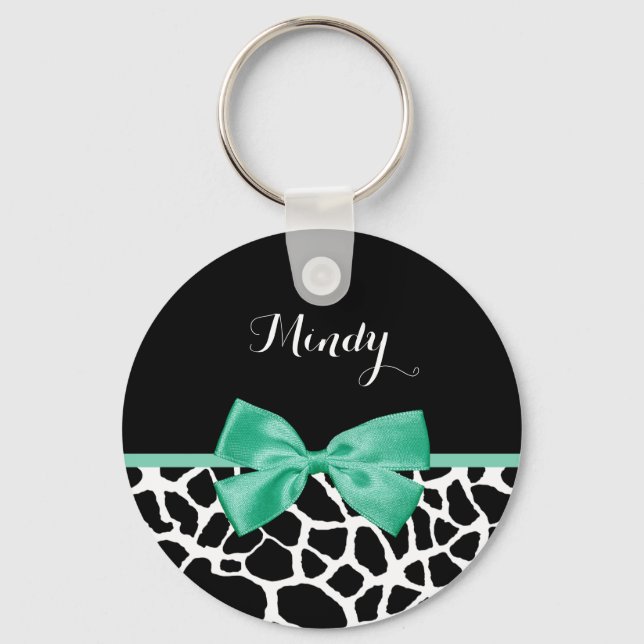 Pretty Giraffe Print Mint Green Bow With Name Keychain (Front)