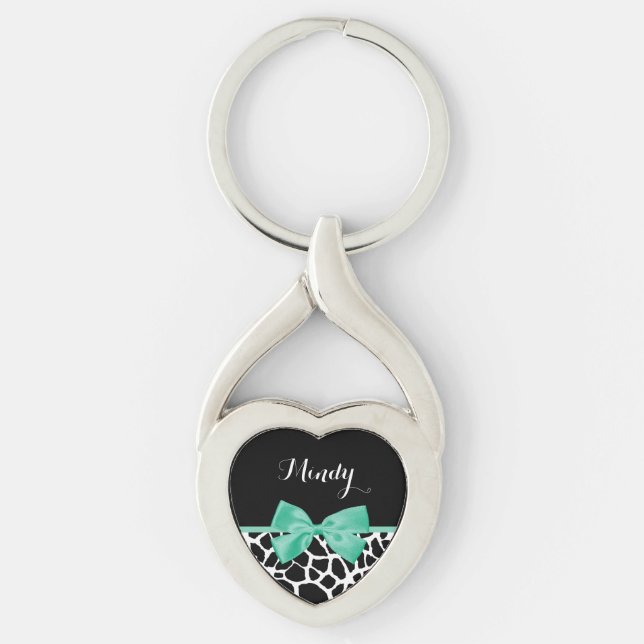 Pretty Giraffe Print Mint Green Bow With Name Keychain (Front)