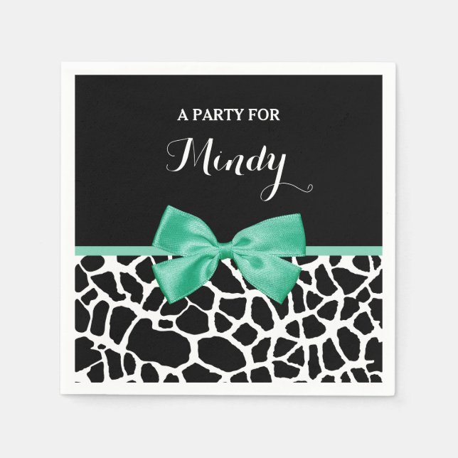 Pretty Giraffe Print Mint Green Bow With Name Paper Napkins (Front)