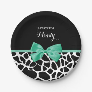 Pretty Giraffe Print Mint Green Bow With Name Paper Plates