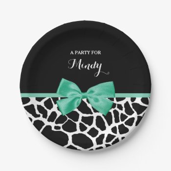 Pretty Giraffe Print Mint Green Bow With Name Paper Plates by ohsogirly at Zazzle