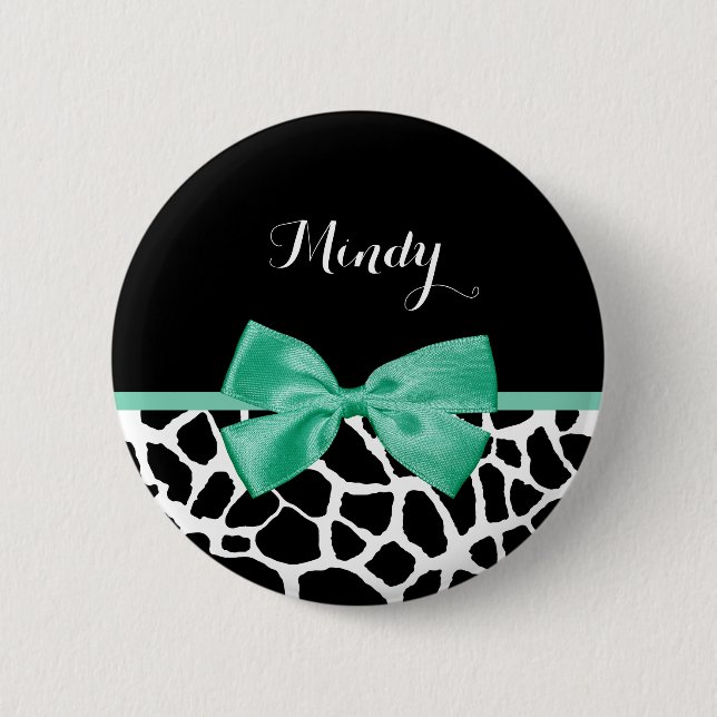 Pretty Giraffe Print Mint Green Bow With Name Pinback Button (Front)