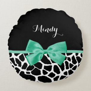 Pretty Giraffe Print Mint Green Bow With Name Round Pillow