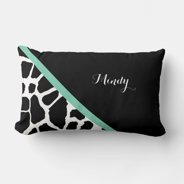 Pretty Giraffe Print Mint Green Stripe With Name Lumbar Pillow (Front)