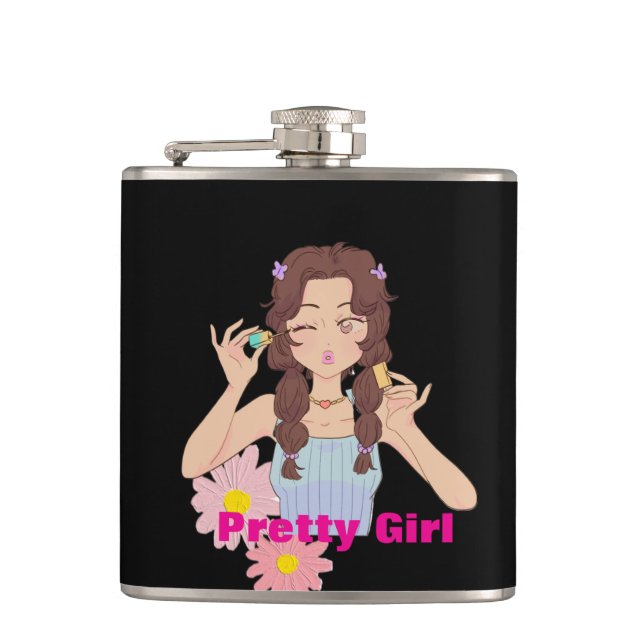 Pretty Girl Aesthetic | Cute Makeup Illustration Flask (Front)