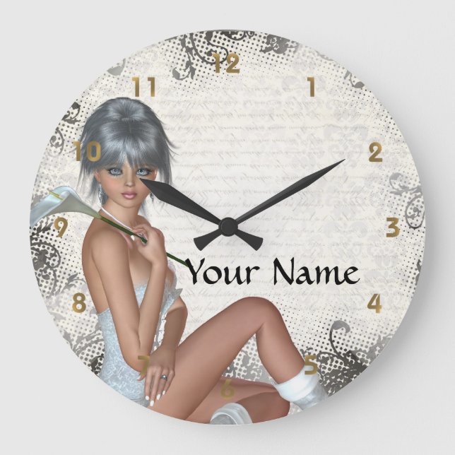 Pretty girl  and silver damask large clock (Front)