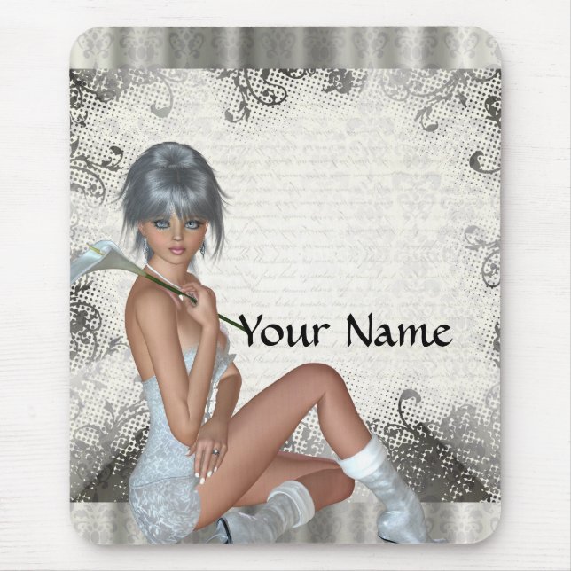 Pretty girl  and silver damask mouse pad (Front)
