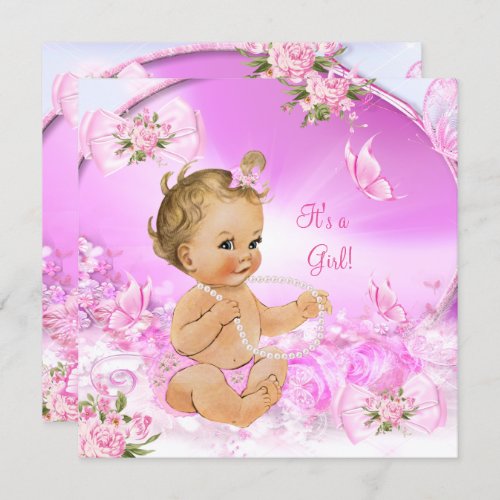 Pretty Girl Baby Shower Pink Butterfly Blonde Invitation