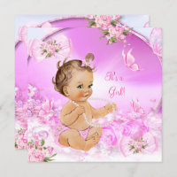 Pretty Girl Baby Shower Pink Butterfly Brunette LT Invitation