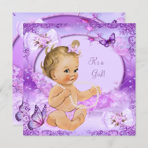 Pretty Girl Baby Shower Purple Butterfly Blonde Invitation