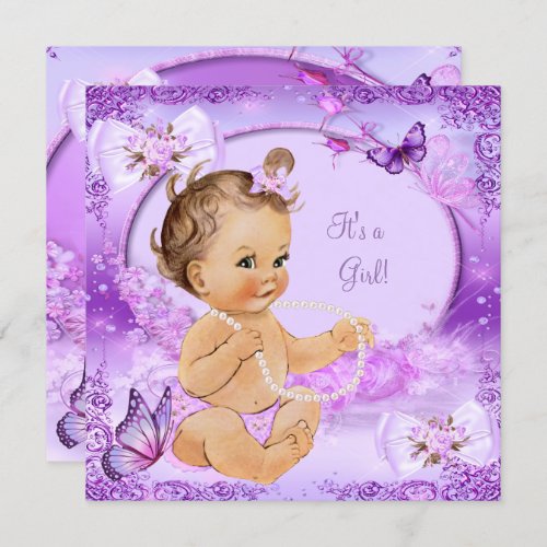 Pretty Girl Baby Shower Purple Butterfly Brunette Invitation