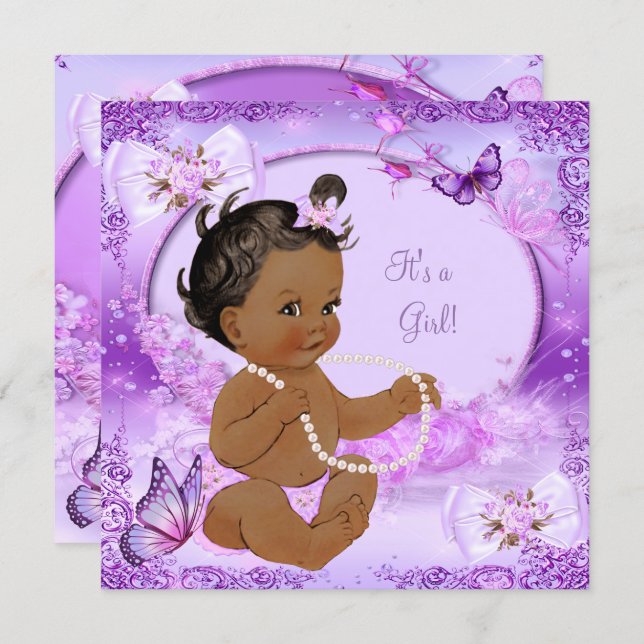 Pretty Girl Baby Shower Purple Butterfly Ethnic Invitation (Front/Back)