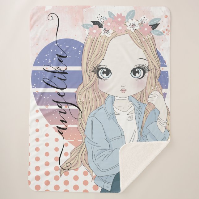 Pretty Girl Blush Flowers Heart and Polka Dots Sherpa Blanket (Front)