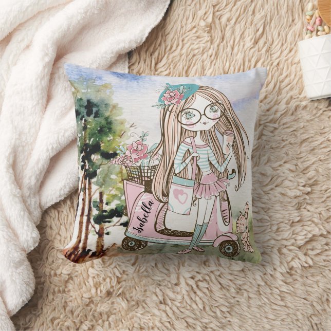 Pretty Girl Boss on Scooter Personalized Name Throw Pillow (Blanket)