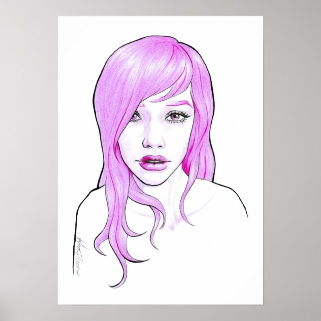 Pretty Girl Cartoon portrait Pink hair Cute face Poster (Front)