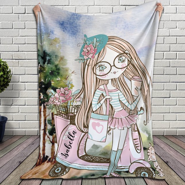 Pretty Girl Doodle Scooter Personalized Name Sherpa Blanket (Creator Uploaded)