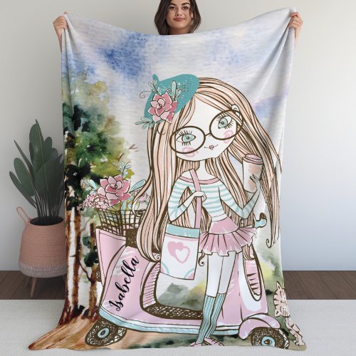 Pretty Girl Doodle Scooter Personalized Name Sherpa Blanket
