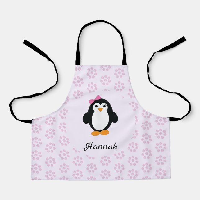 Pretty Girl Penguin with Pink Daisy background Apron (Front)