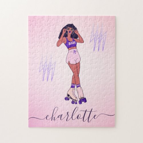Pretty Girl Rollerblading Skater Pink Purple Name  Jigsaw Puzzle