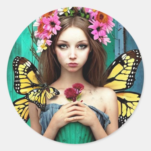 Pretty Girl with Butterflies and Flowers Classic Round Sticker