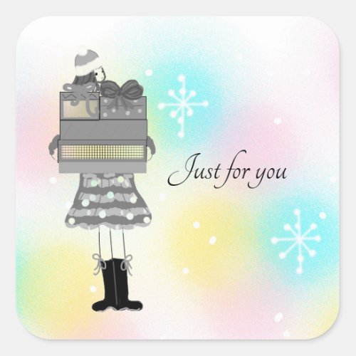 Pretty Girl With Christmas Packages Square Sticker