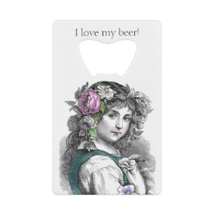 Pretty Girl with Flowers in Hair Add Your Name Credit Card Bottle Opener
