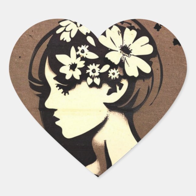 Pretty Girl with Flowers in her Hair Simple Art Heart Sticker (Front)
