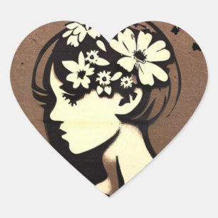 Pretty Girl with Flowers in her Hair Simple Art Heart Sticker
