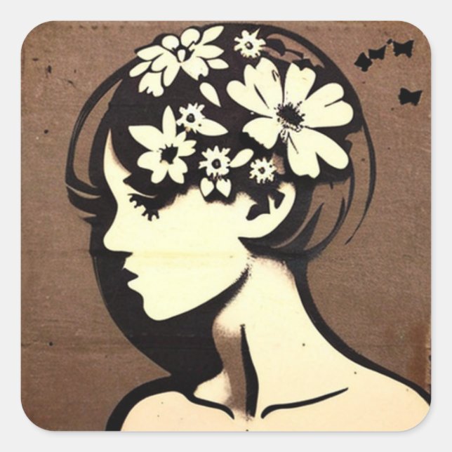 Pretty Girl with Flowers in her Hair Simple Art Square Sticker (Front)