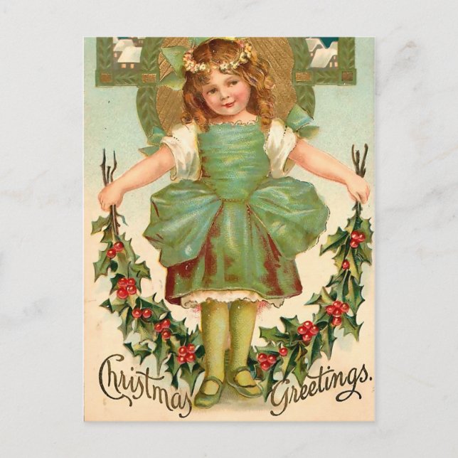 Pretty Girl with Holly - Vintage Christmas Holiday Postcard (Front)