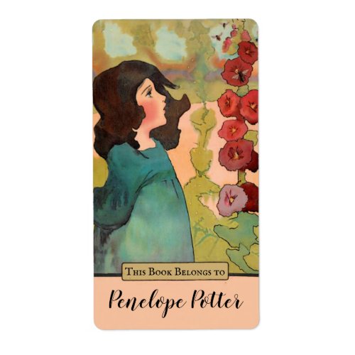 Pretty Girl with Hollyhocks and Bees Bookplate