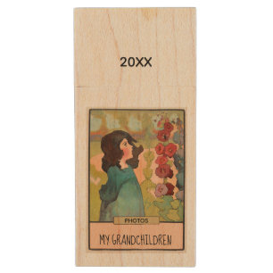 Pretty Girl with Hollyhocks and Bees Photos Wood Flash Drive