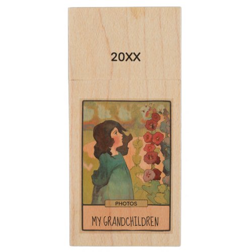 Pretty Girl with Hollyhocks and Bees Photos Wood Flash Drive