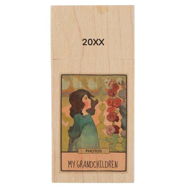Pretty Girl with Hollyhocks and Bees Photos Wood Flash Drive (Front Vertical)