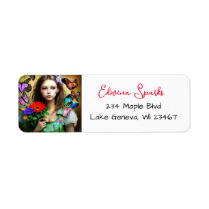 Pretty Girl with Red Flower and Butterflies Label