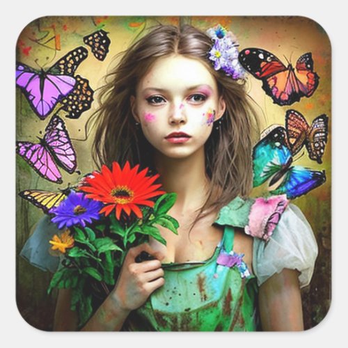 Pretty Girl with Red Flower and Butterflies Square Sticker