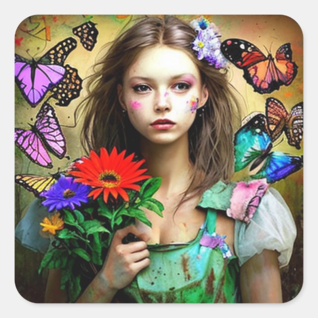 Pretty Girl with Red Flower and Butterflies Square Sticker (Front)