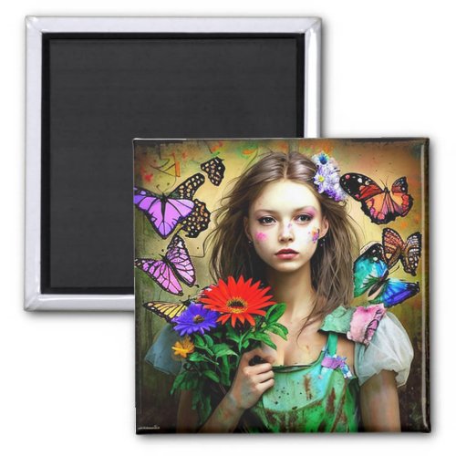 Pretty Girl with Red Flowers and Butterflies Magnet