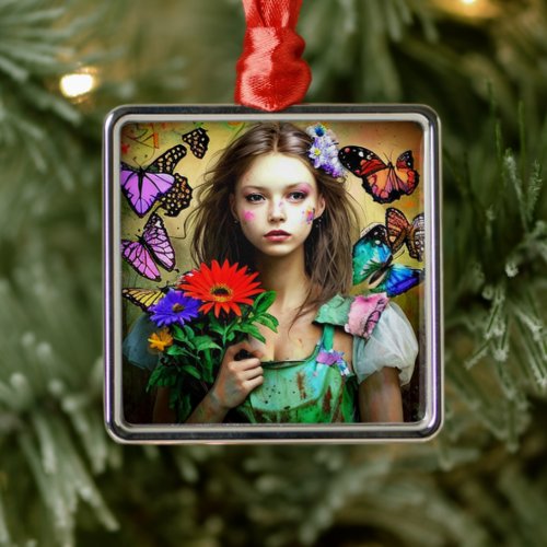 Pretty Girl with Red Flowers and Butterflies Metal Ornament