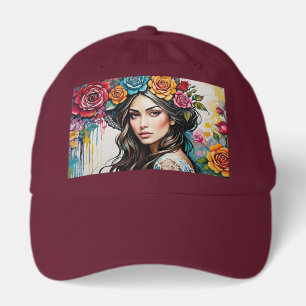 Pretty Girl with Roses and Paint Drips Floral Hat