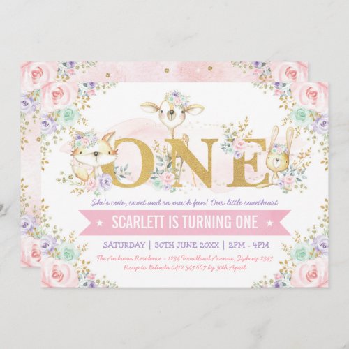 Pretty Girl Woodland Animals 1st Birthday Party Invitation