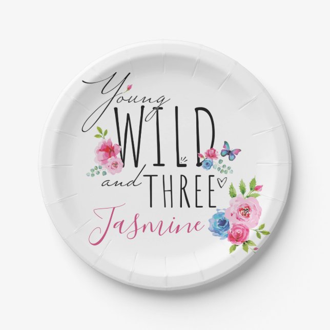 Pretty Girl's 3rd Birthday Custom Name Paper Plates (Front)