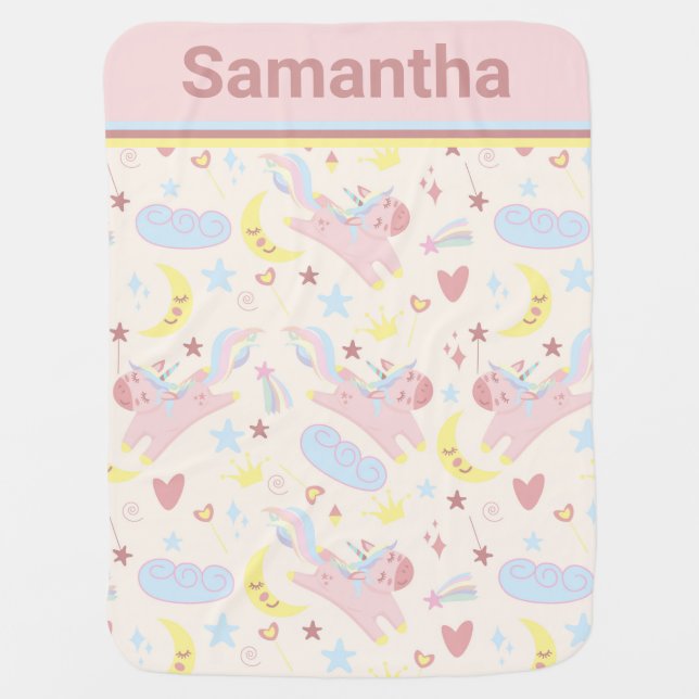 Pretty Girl's Pastel Unicorn Sleepy Moon Baby Blanket (Front)
