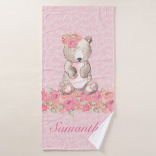 Pretty Girls Pink Floral Woodland Bear Bath Towel
