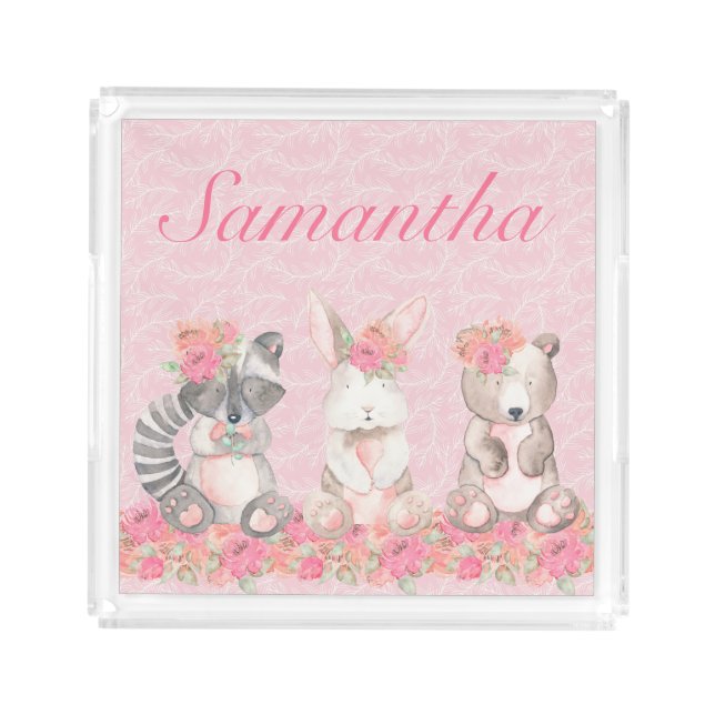 Pretty Girls Pink Floral Woodland Creatures Acrylic Tray (Front)